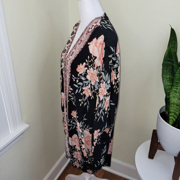 Billabong Floral Kimono Black Pink Floral Open Front Cardigan Women's S/M - Picture 5 of 13